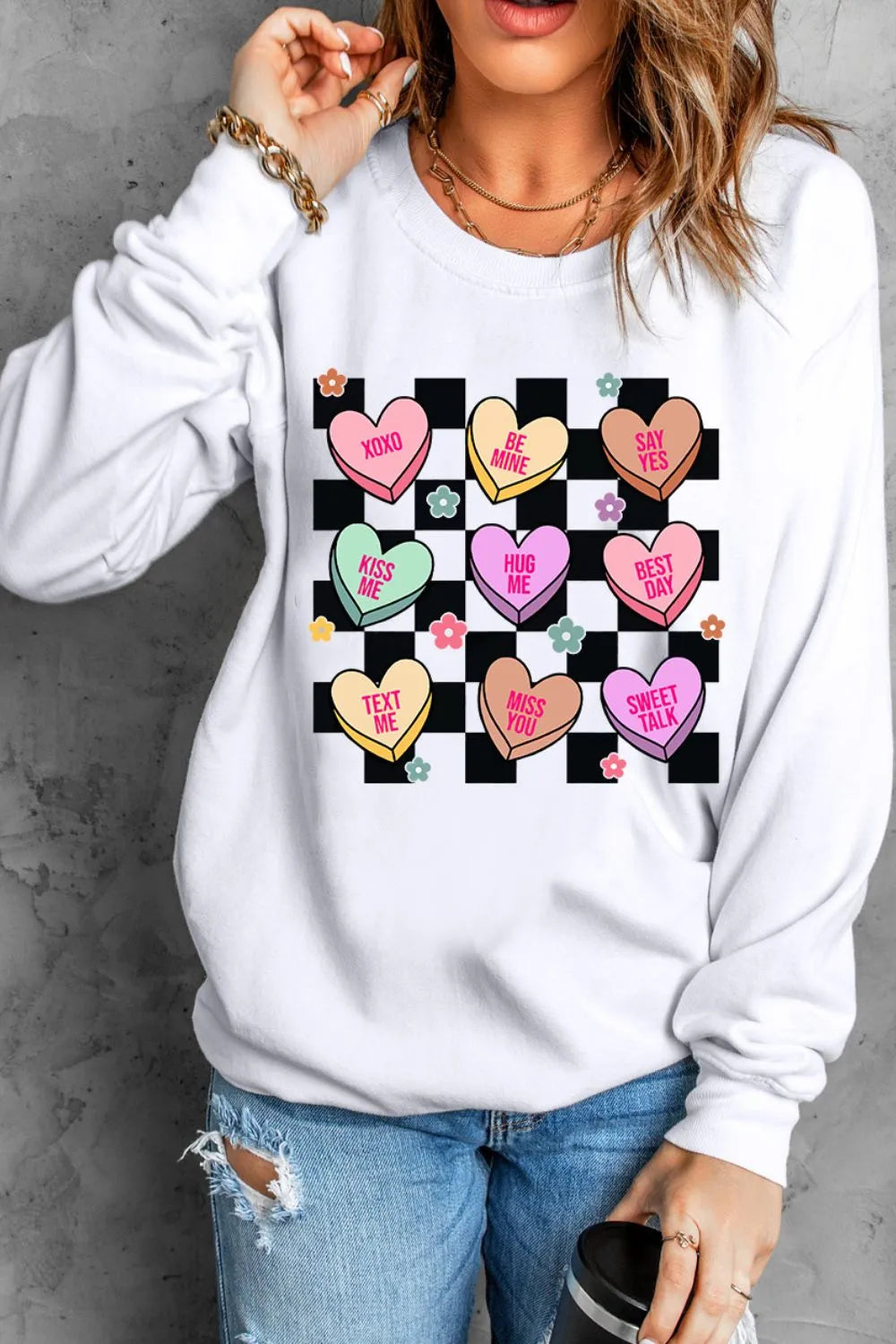 Sweat-shirt à manches longues et motif cœur à carreaux pour la Saint-Valentin