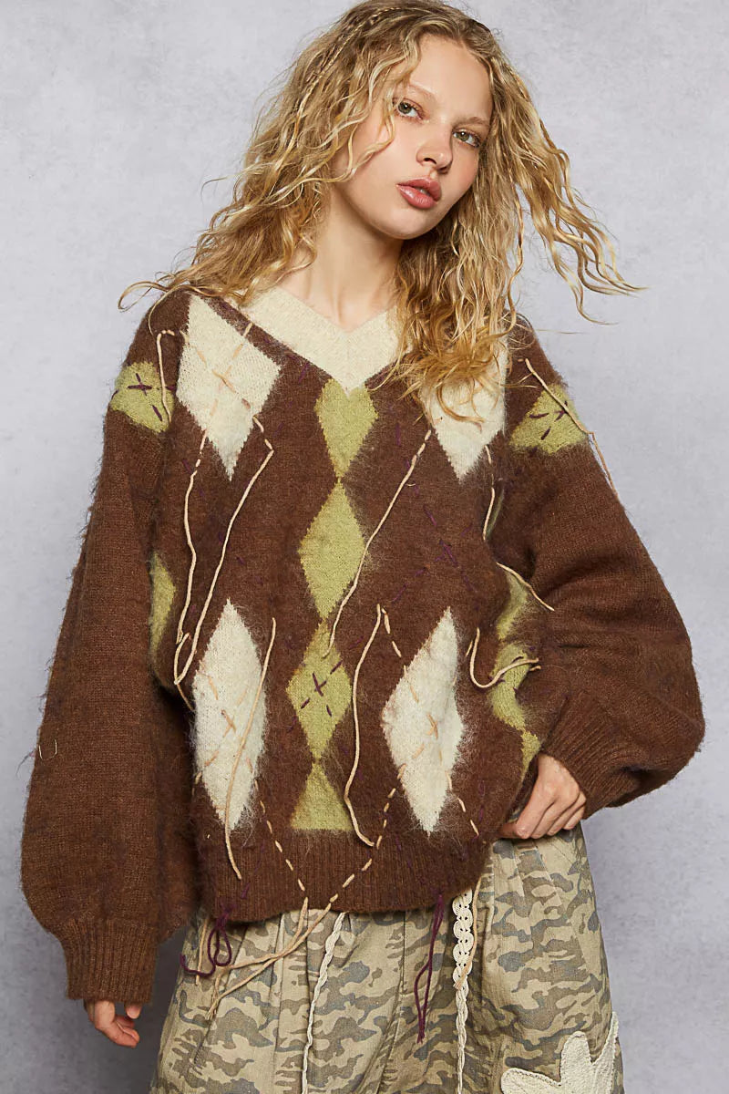 POL V-Neck Argyle Pattern Mohair Sweater with Contrast Exposed Stitch Detail