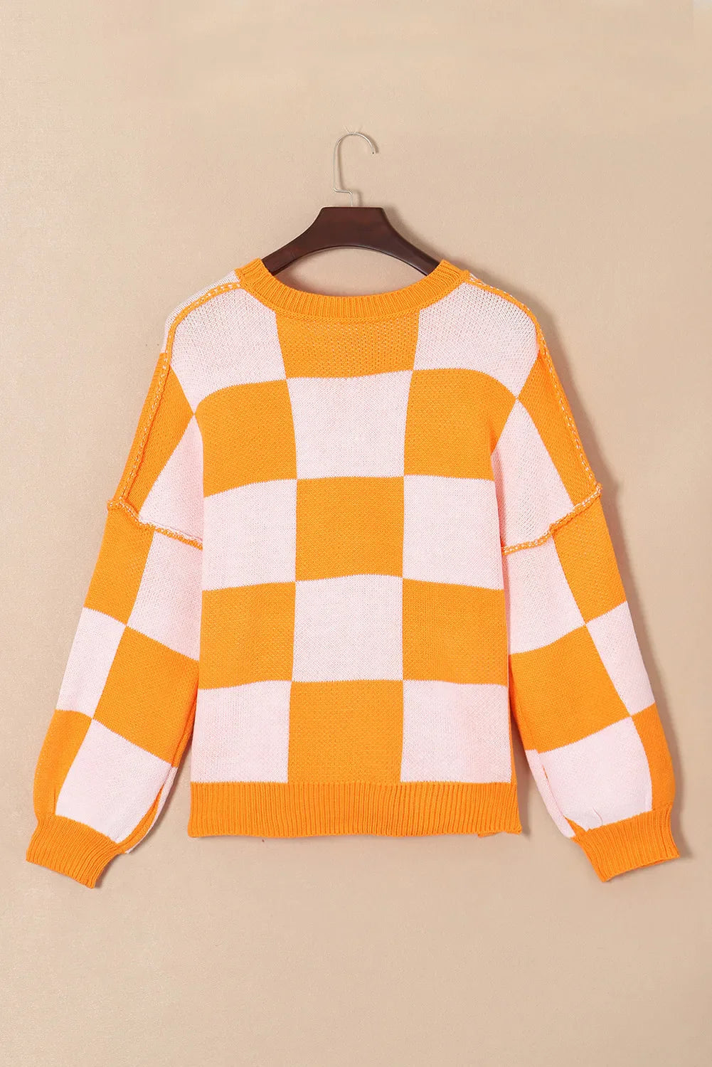 Pull citrouille à carreaux à manches longues et col rond