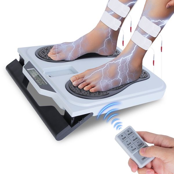 TENS- & EMS-Fußmassagegerät mit 10 Modi und 50 Intensitätsstufen – Elektrischer Fußstimulator bei Neuropathie, Plantarfasziitis und zur Schmerzlinderung – 4 Elektrodenpads für den ganzen Körper – Kabellos mit Fernbedienung