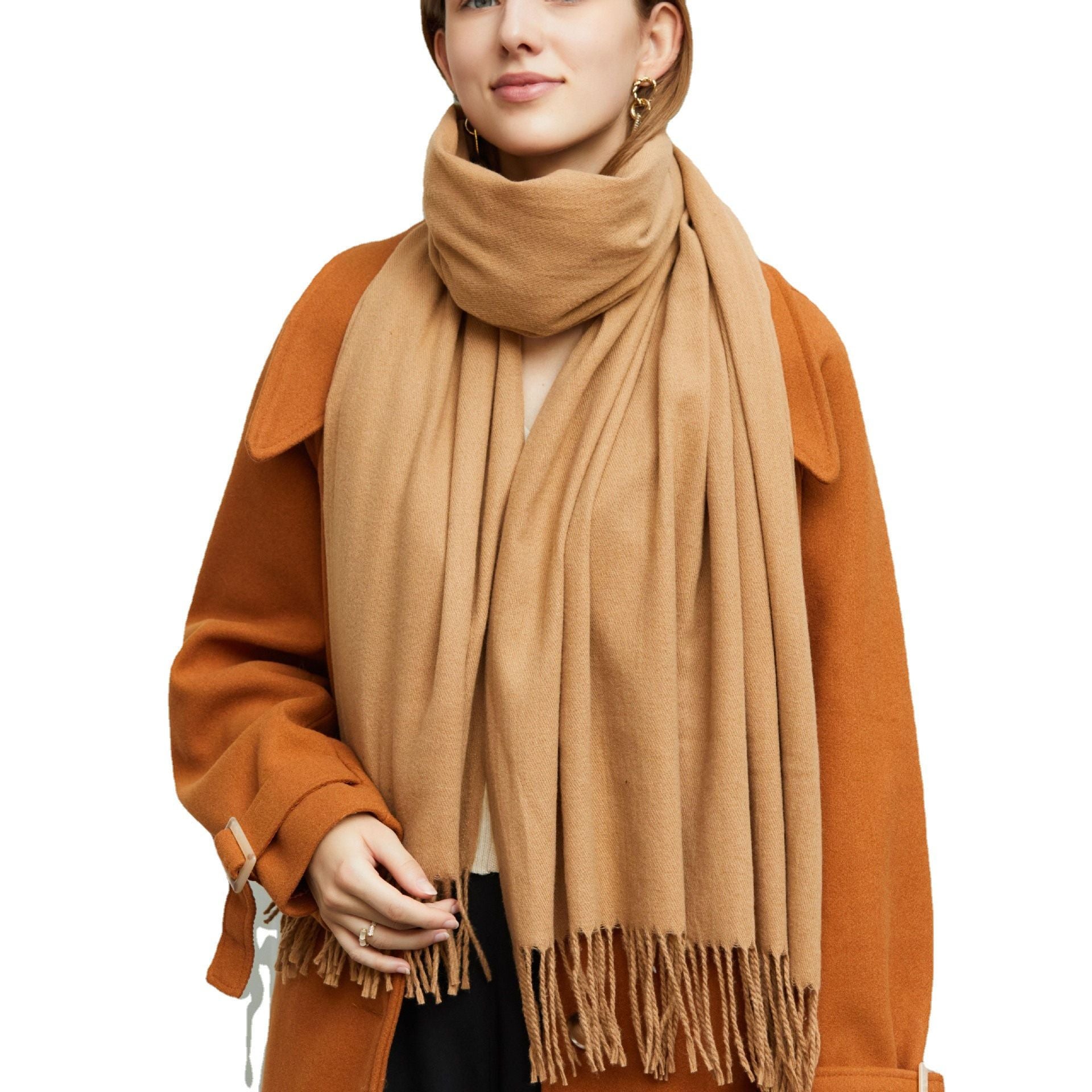 Châle chaud en polyester imitation cachemire coréen simple de couleur unie pour la vente en gros, écharpe monochrome longue à pompons, écharpe épaissie