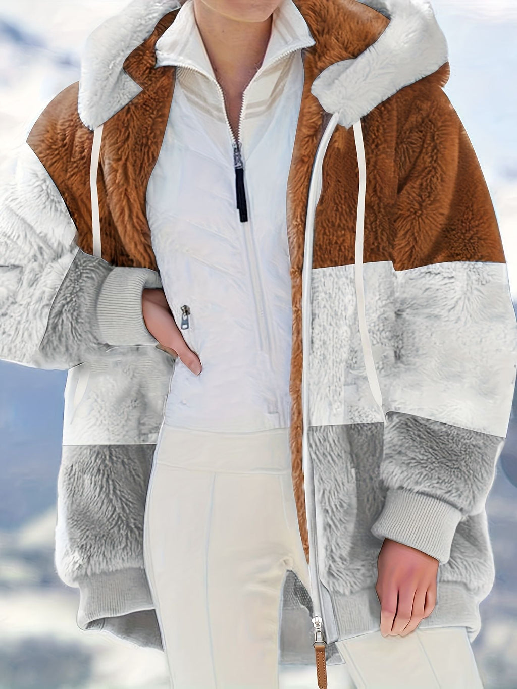 Farbblock Teddy-Fleece-Mantel mit Kapuze, lässige Winterjacke mit Reißverschluss und langen Ärmeln, Damenbekleidung