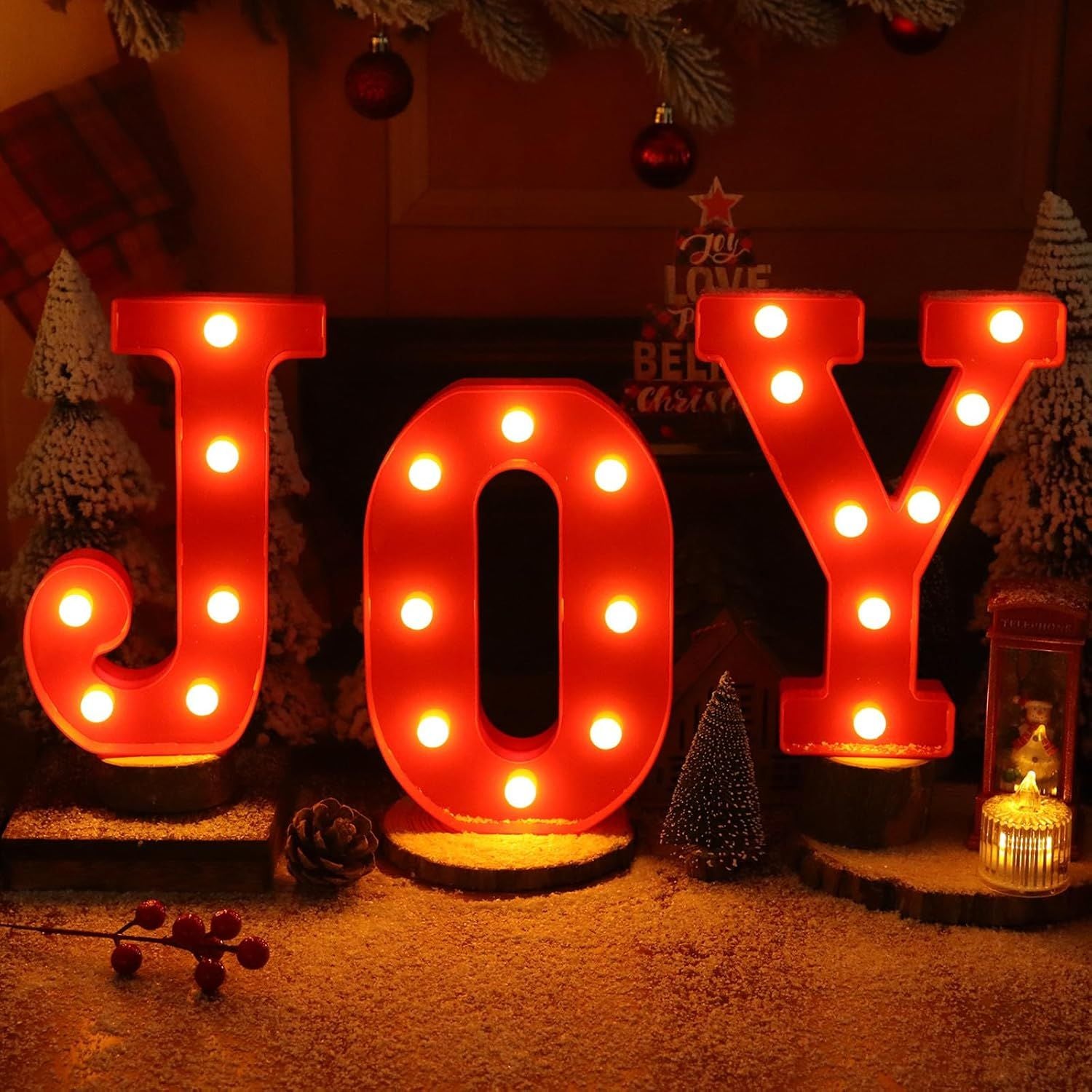 Weihnachtsdekoration Innenbereich Wohnkultur - 3 LED 21,6 cm Leuchtbuchstaben JOY-Schild, Batteriebetrieben, Weihnachtsdekoration für Kaminsims, Hausbar, Party, Schlafzimmer, Wand, Kamin, Weihnachtsdeko, Rot