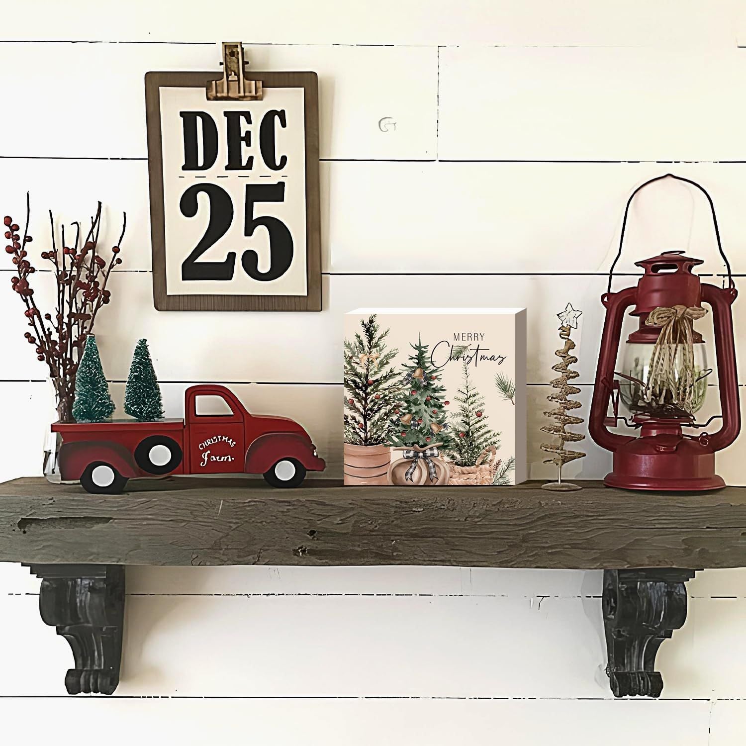 Weihnachtsdekoration Roter LKW Weihnachten Holzschilder Büffel Plaid Weihnachtsdekoration Weihnachtsdekoration für Zuhause Büro Schlafzimmer Kamin Auto Etagenablage Dekoration Weihnachtsgeschenke für Frauen 5x5