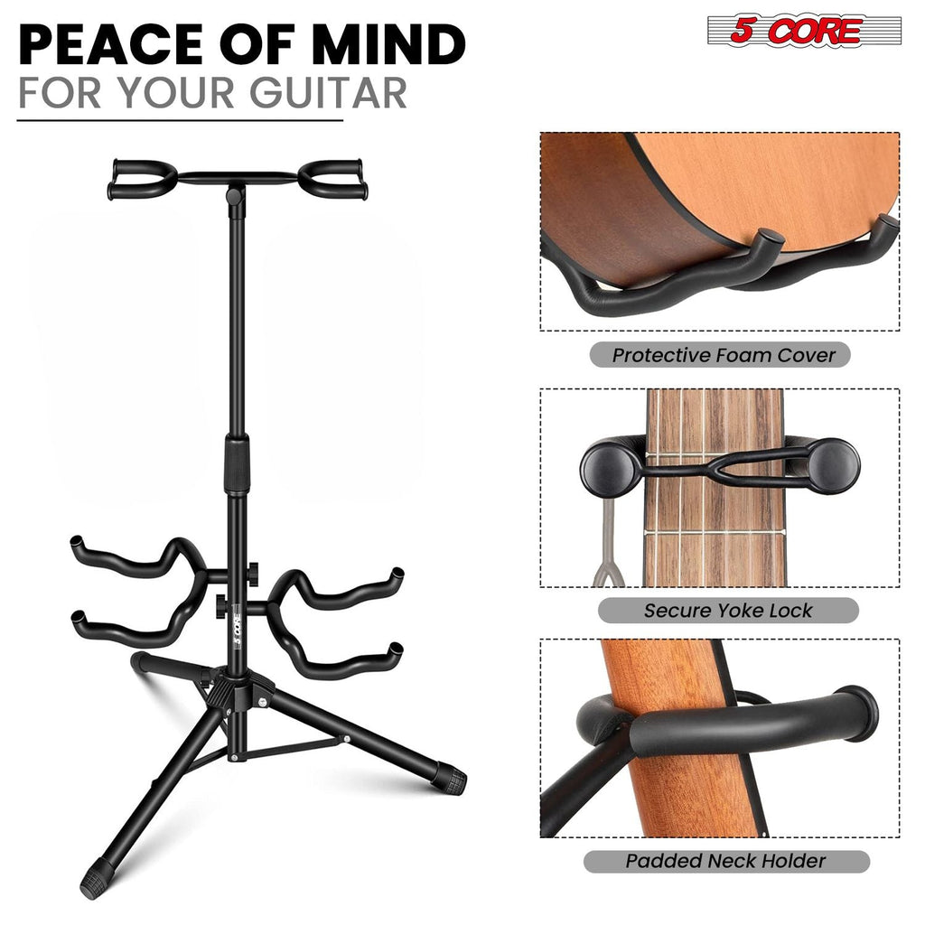 Support de guitare réglable double supports de guitare au sol avec support de manche universel pour instruments acoustiques électriques classiques basse pliable portable noir - GSH 2N1