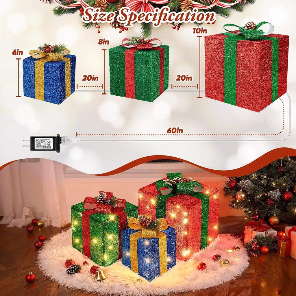 3 grandes boîtes cadeaux pour décorations de Noël extérieures, 25,4 cm, 20,3 cm, 15,2 cm avec mini guirlandes lumineuses de 70 LED pré-éclairées, boîtes cadeaux lumineuses avec paillettes pour Noël, mariage, fête