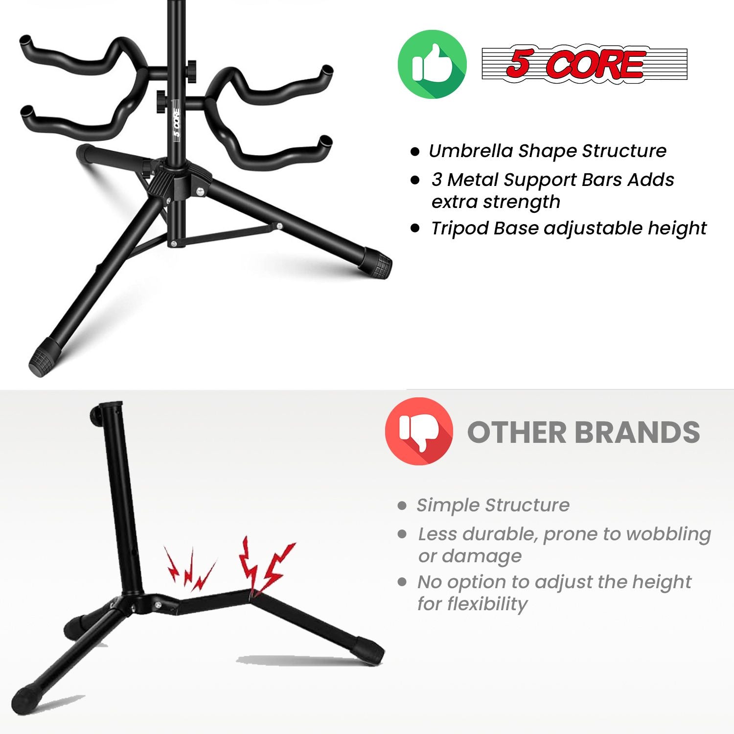 Support de guitare réglable double supports de guitare au sol avec support de manche universel pour instruments acoustiques électriques classiques basse pliable portable noir - GSH 2N1