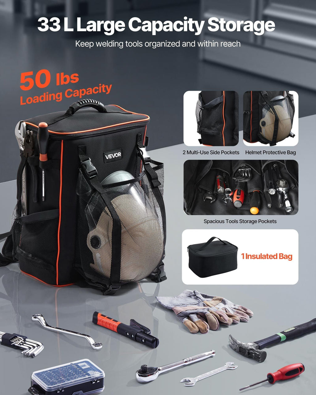 Sac à dos de soudage 35,6 L en polyester 600D pour outils et casque