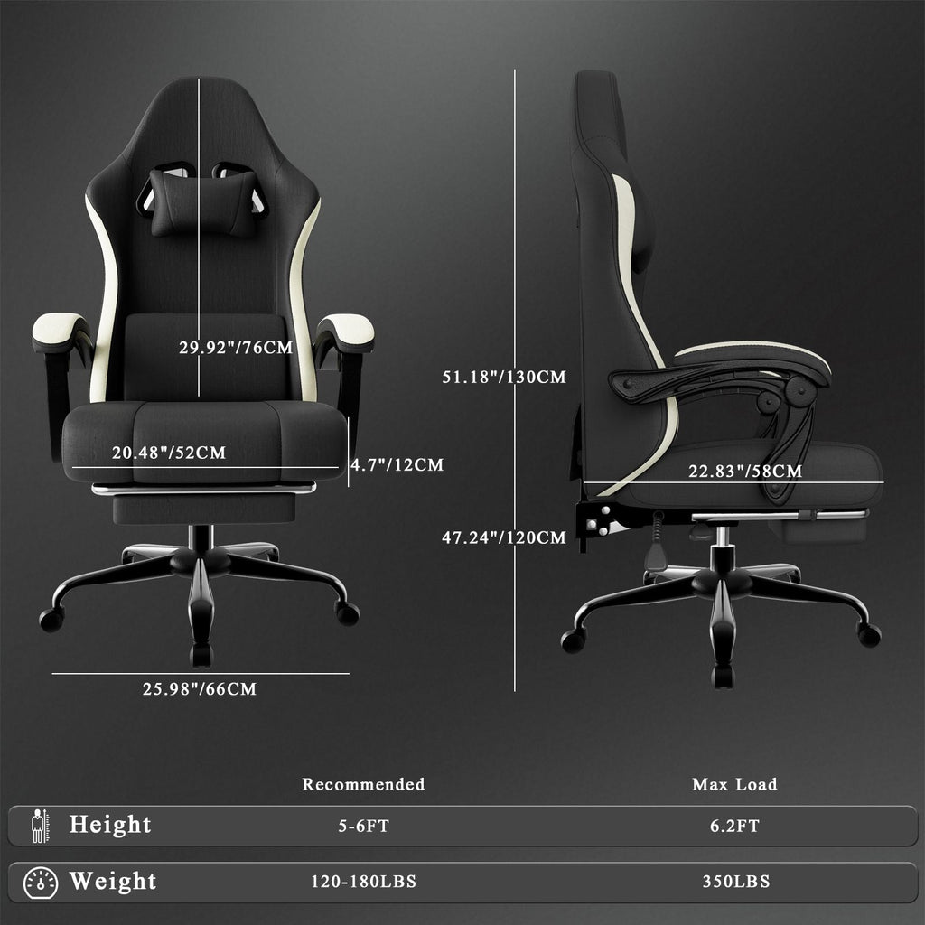 Chaise de jeu ergonomique avec coussin à ressorts ensachés, chaise d'ordinateur en tissu respirant avec repose-pieds, chaise de jeu vidéo avec soutien lombaire réglable pour adultes (Tissu)