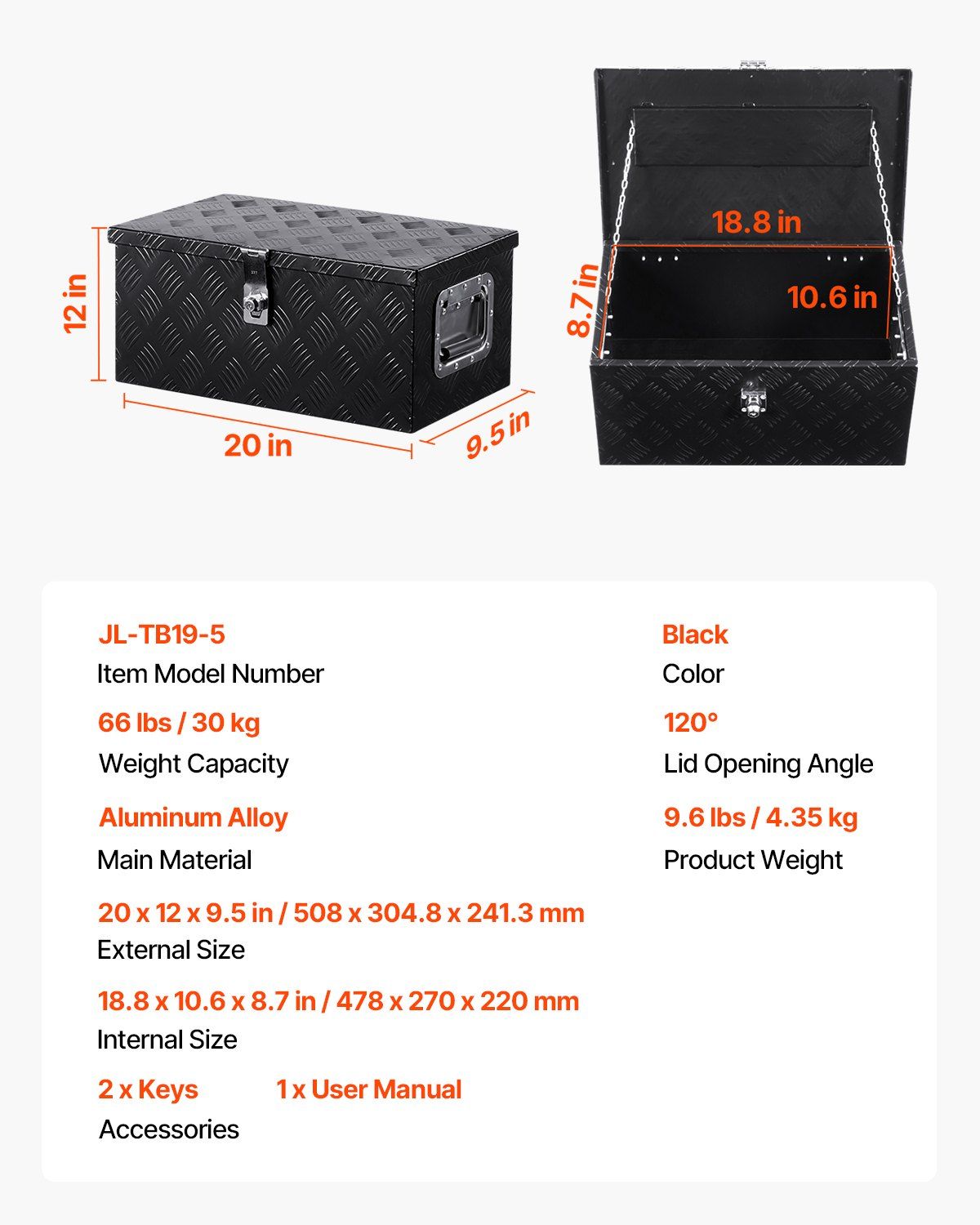 20"x12"x9.5" Heavy Duty Aluminium LKW-Ladeflächen-Werkzeugkasten für Pickup Wohnmobil Schwarz