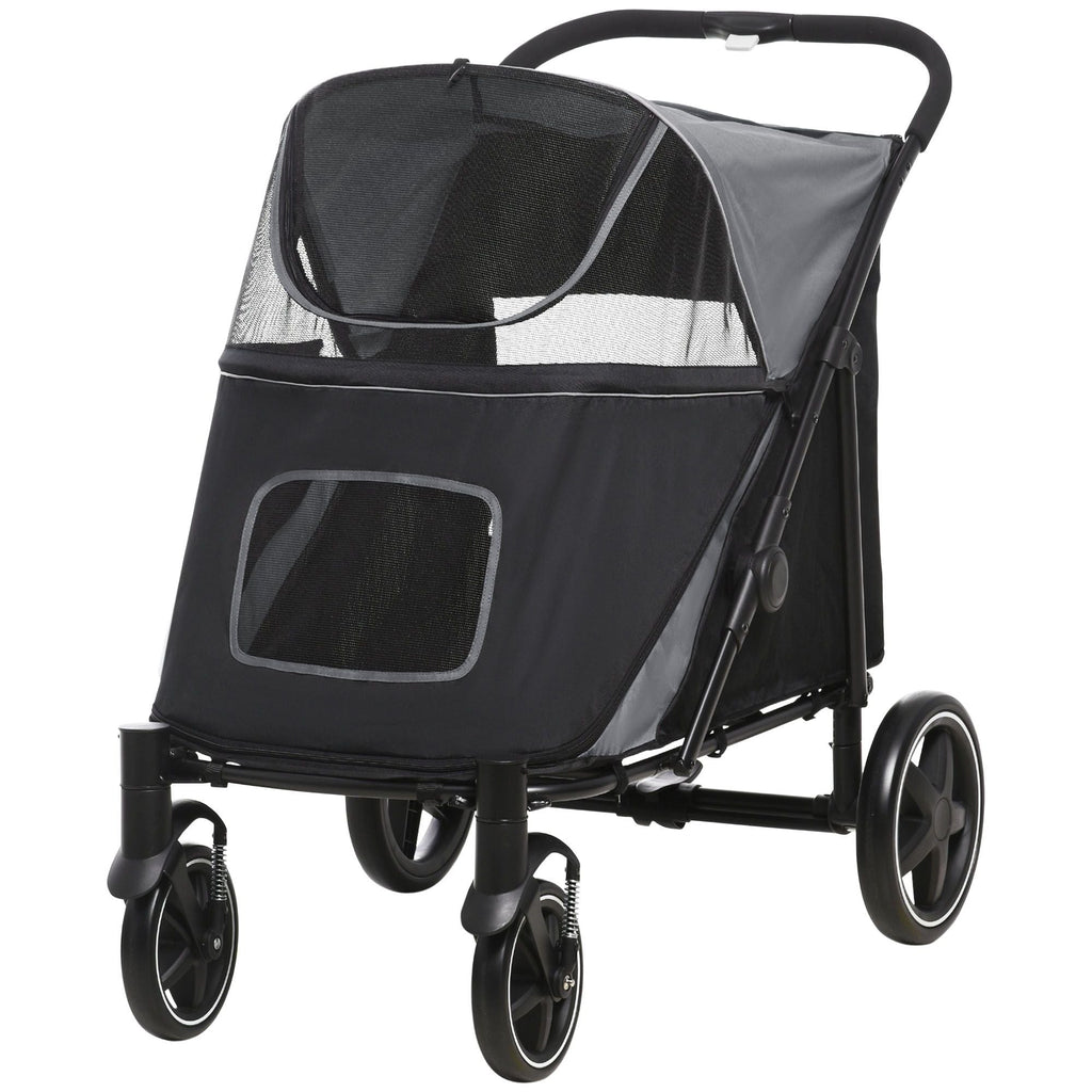 Tierkinderwagen Hunde-Katzen-Buggy mit Ein-Klick-Faltung, universellen Vorderrädern, Stoßdämpfern, Bremsen, Aufbewahrungstaschen, Netzfenster