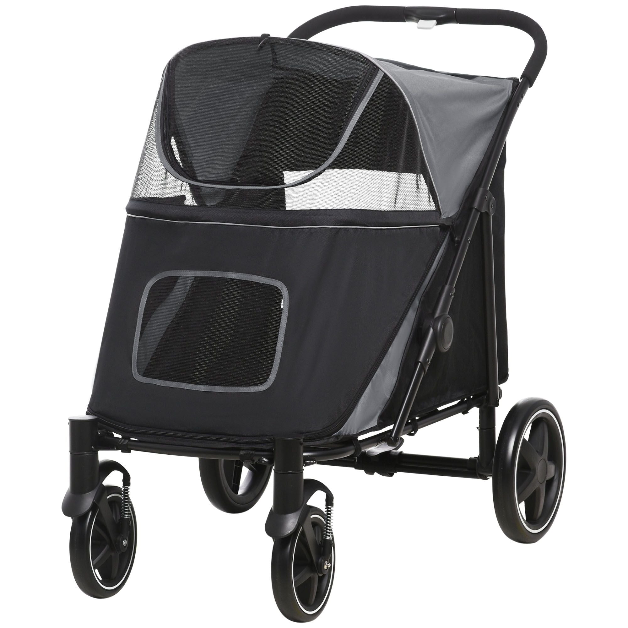 Tierkinderwagen Hunde-Katzen-Buggy mit Ein-Klick-Faltung, universellen Vorderrädern, Stoßdämpfern, Bremsen, Aufbewahrungstaschen, Netzfenster