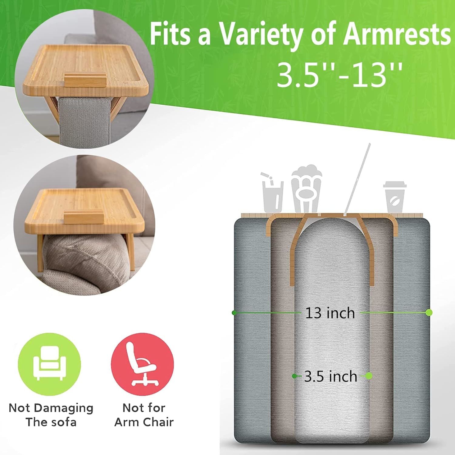 Bambus Sofa-Clip-Beistelltisch für breite Sofas, zusammenklappbares Couchtablett mit 360° drehbarer Handyhalterung, Armlehnentisch zum Essen/Trinken/Snacken/Fernbedienung
