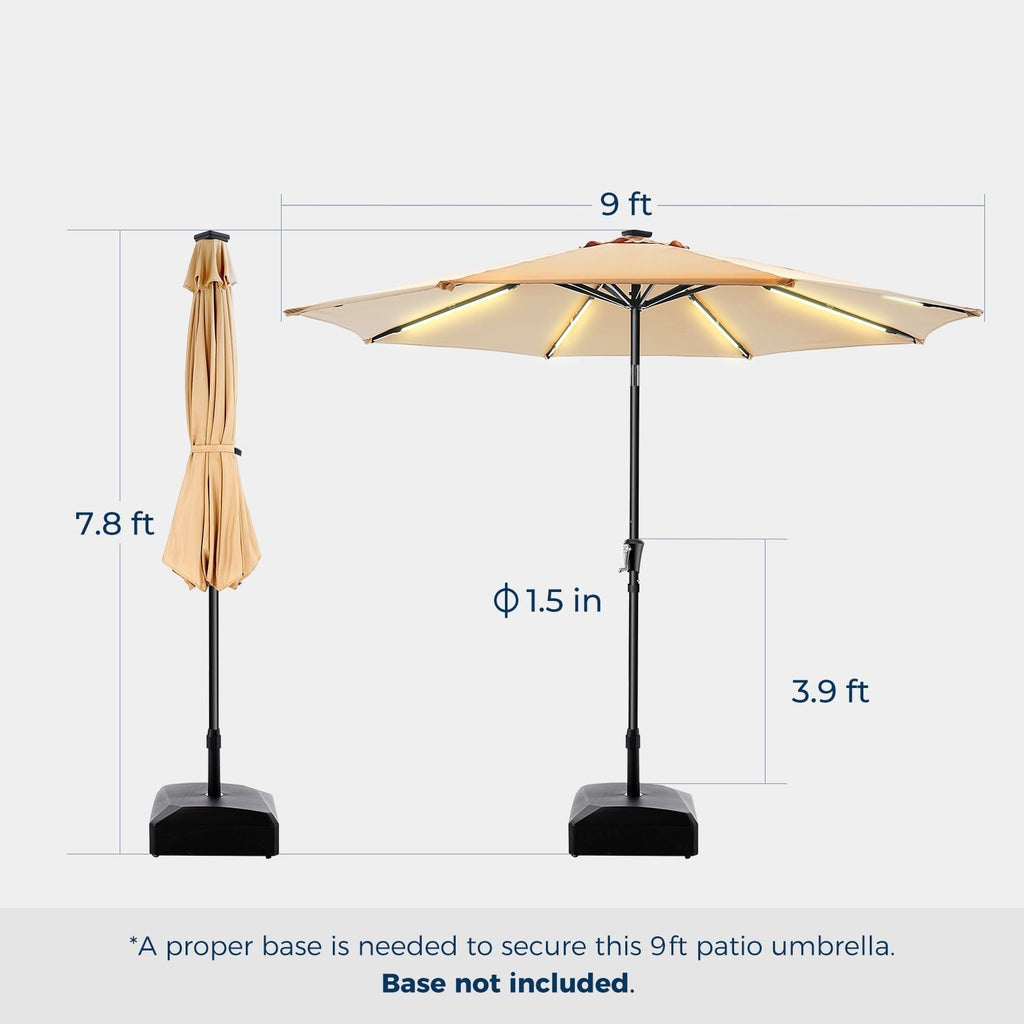 9FT Solar LED Terrassenschirm für Garten, Hinterhof & Pool – Beleuchteter Sonnenschirm mit leichtgängiger Kurbel in Beige