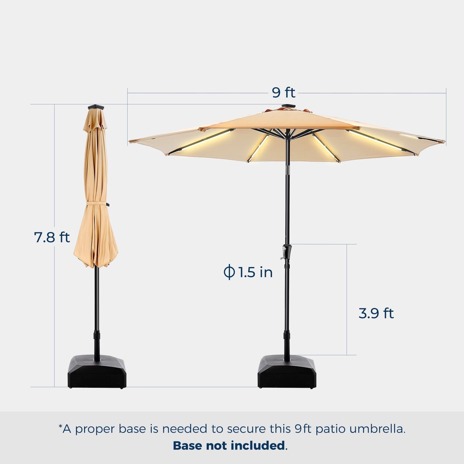 9FT Solar LED Terrassenschirm für Garten, Hinterhof & Pool – Beleuchteter Sonnenschirm mit leichtgängiger Kurbel in Beige