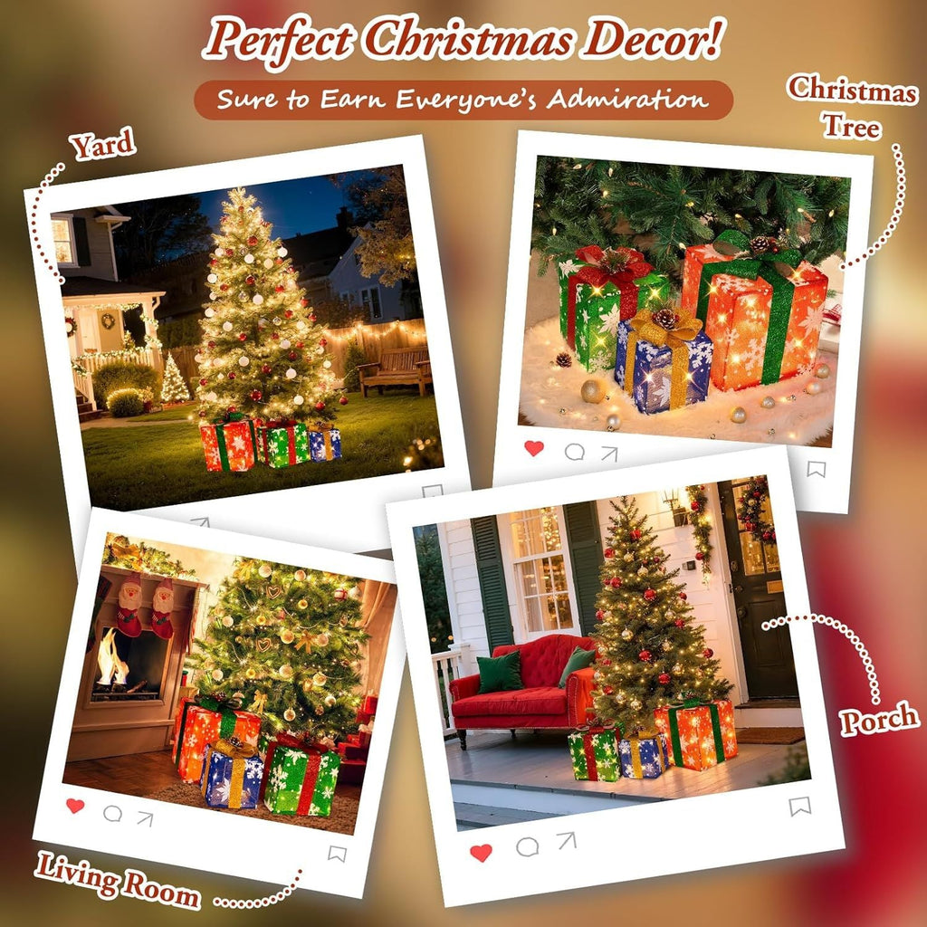 3 grandes boîtes cadeaux pour décorations de Noël extérieures, 25,4 cm, 20,3 cm, 15,2 cm avec mini guirlandes lumineuses de 70 LED pré-éclairées, boîtes cadeaux lumineuses avec paillettes pour Noël, mariage, fête
