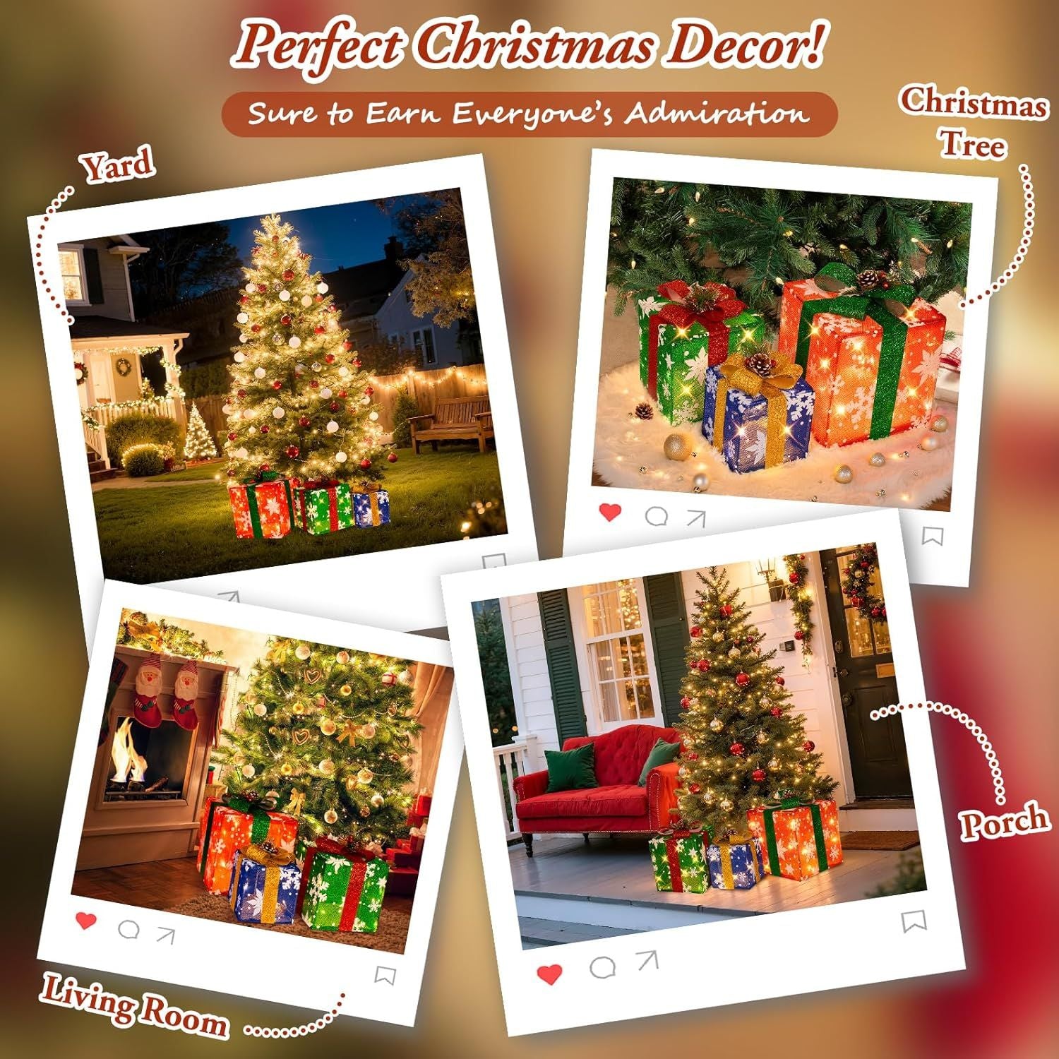 3 grandes boîtes cadeaux pour décorations de Noël extérieures, 25,4 cm, 20,3 cm, 15,2 cm avec mini guirlandes lumineuses de 70 LED pré-éclairées, boîtes cadeaux lumineuses avec paillettes pour Noël, mariage, fête