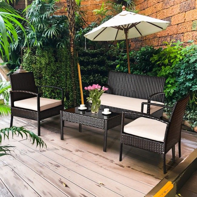 Salon de jardin 4 pièces, chaises en rotin et osier, ensemble de bistrot extérieur