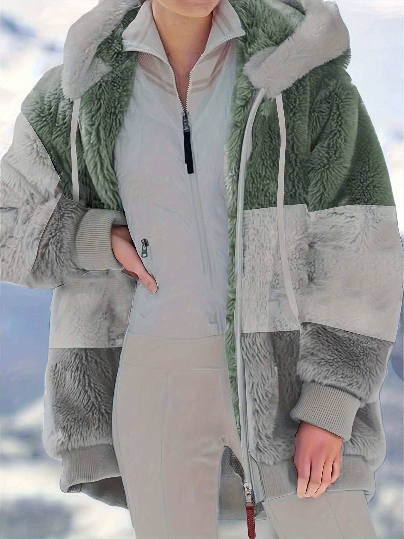 Farbblock Teddy-Fleece-Mantel mit Kapuze, lässige Winterjacke mit Reißverschluss und langen Ärmeln, Damenbekleidung