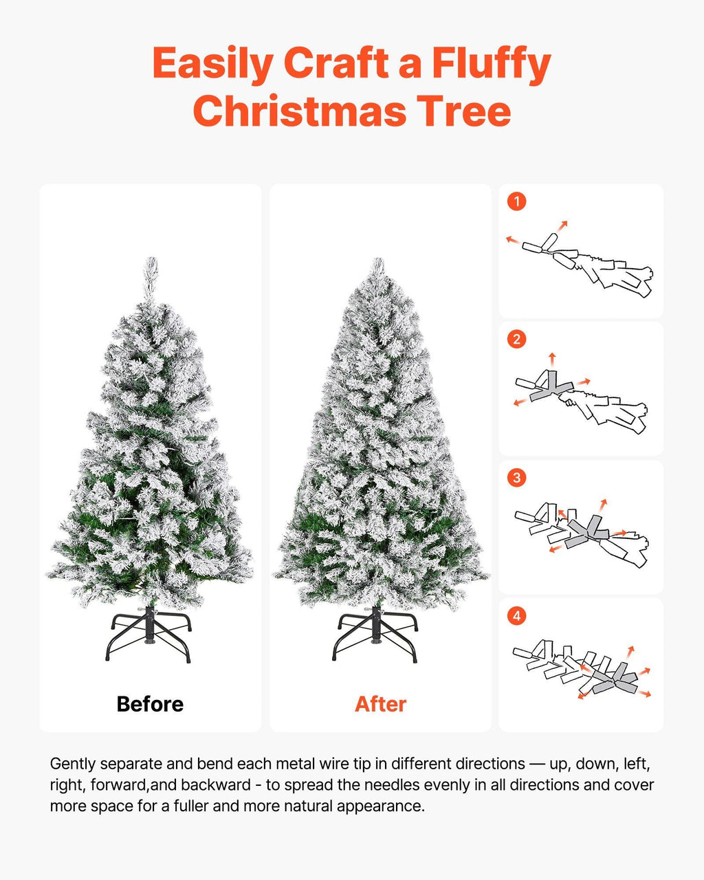 VEVOR Weihnachtsbaum, 1,2 m großer, vorbeleuchteter, beflockter Kunstbaum, voller Weihnachtsbaum mit 120 warmweißen LED-Lichtern, 8 Beleuchtungsmodi und 539 Zweigspitzen für Heim-, Party- und Bürodekoration