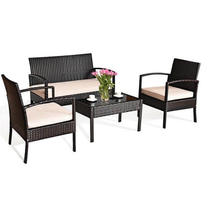 Salon de jardin 4 pièces, chaises en rotin et osier, ensemble de bistrot extérieur
