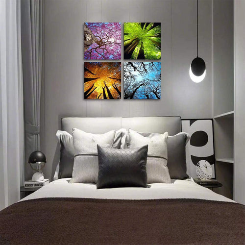 4 Panels Leinwand Wandkunst Frühling Sommer Herbst Winter Vier Jahreszeiten Landschaft Farbe Baum Malerei Bild Drucke Moderne Giclée Kunstwerke aufgespannt und gerahmt für Wohnzimmer Heimdekoration