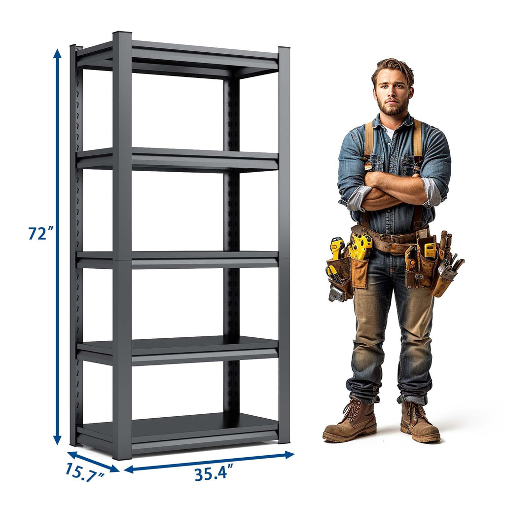 72 Zoll H, 5-stöckiges Metallregal für Lagerung, Garagenregal, 900 kg Schwerlastregal, verstellbares Garagenregal, industrielles Regal, Ablageregal, 90 cm B x 40 cm T x 183 cm H, Schwarz