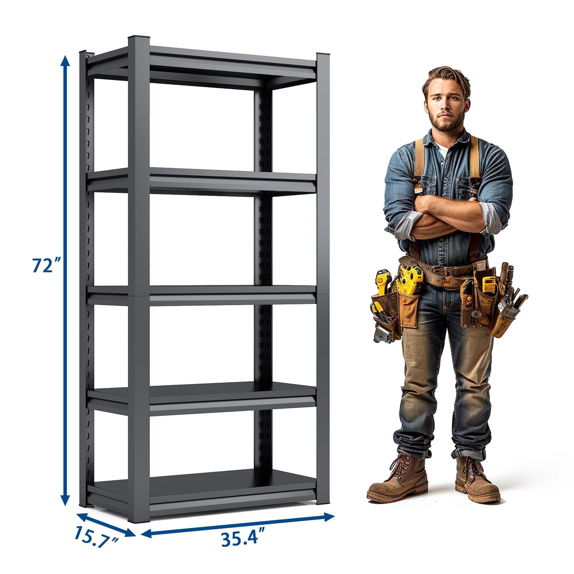 72 Zoll H, 5-stöckiges Metallregal für Lagerung, Garagenregal, 900 kg Schwerlastregal, verstellbares Garagenregal, industrielles Regal, Ablageregal, 90 cm B x 40 cm T x 183 cm H, Schwarz
