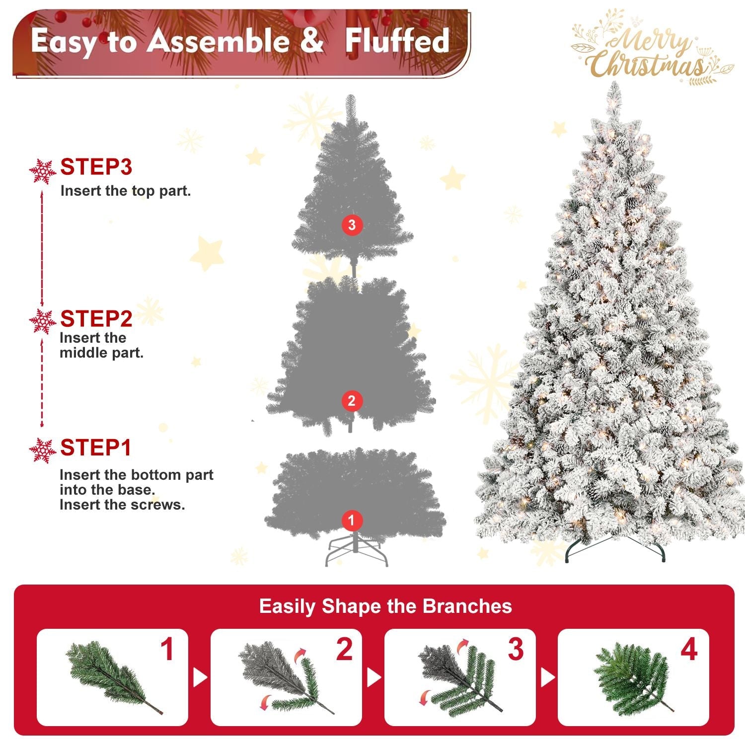 Sapin de Noël artificiel floqué de 2,4 m avec 700 lumières UL, 54 pommes de pin et 1754 branches, effet neige