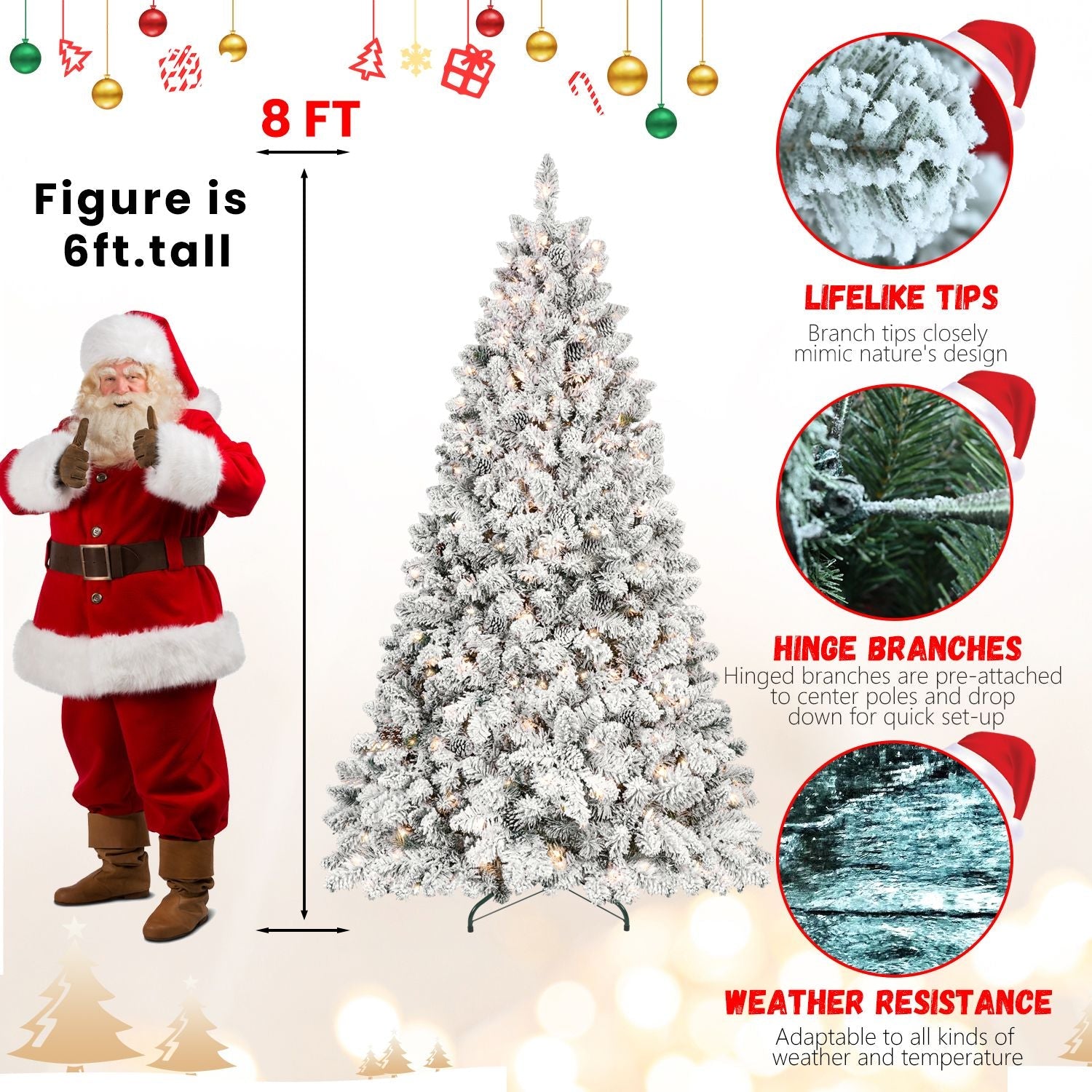 Sapin de Noël artificiel floqué de 2,4 m avec 700 lumières UL, 54 pommes de pin et 1754 branches, effet neige