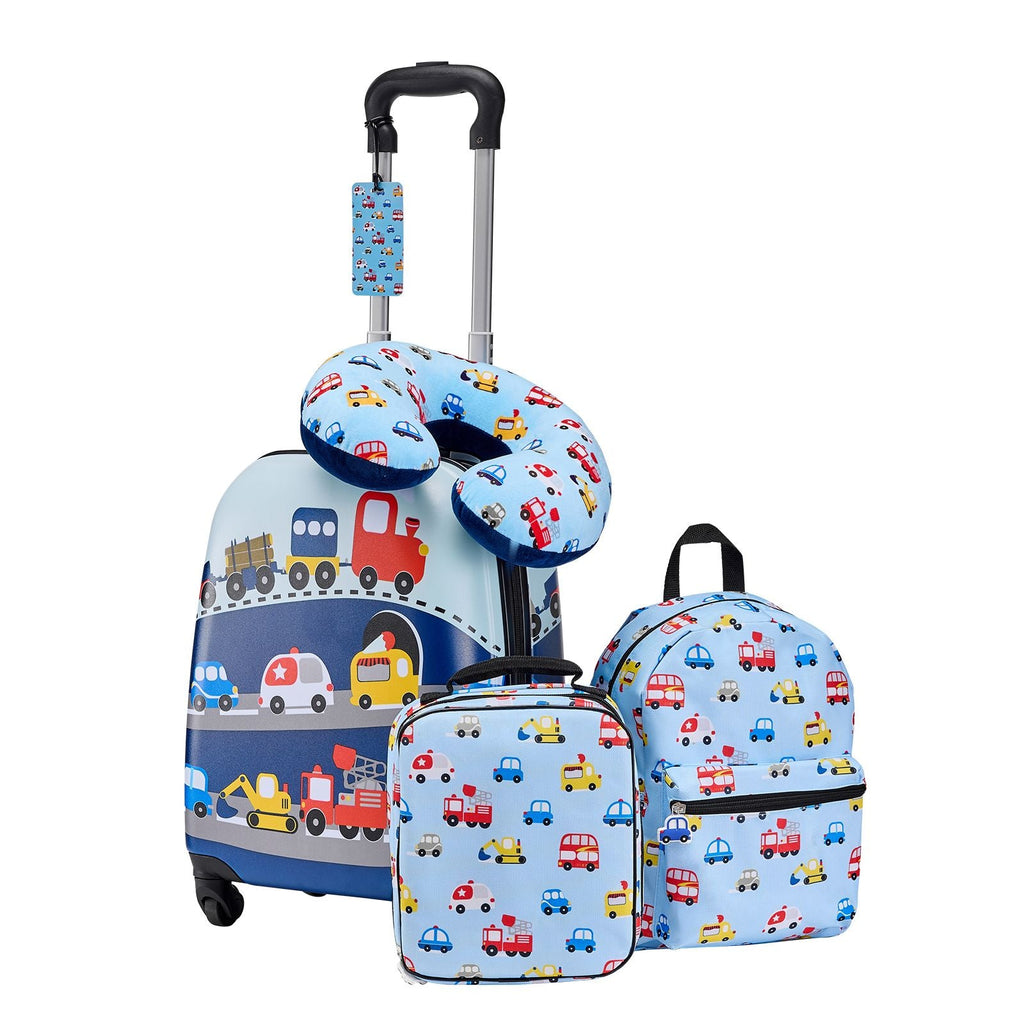 Kinder-Gepäckset, 5-teilig, 18 Zoll Hartschalenkoffer mit Rollen, Rucksack & U-förmigem Kissen, LKW Kinder-Handgepäckset, Urlaubs-Geburtstagsgeschenk für Mädchen Jungen, Fluggesellschaften genehmigt