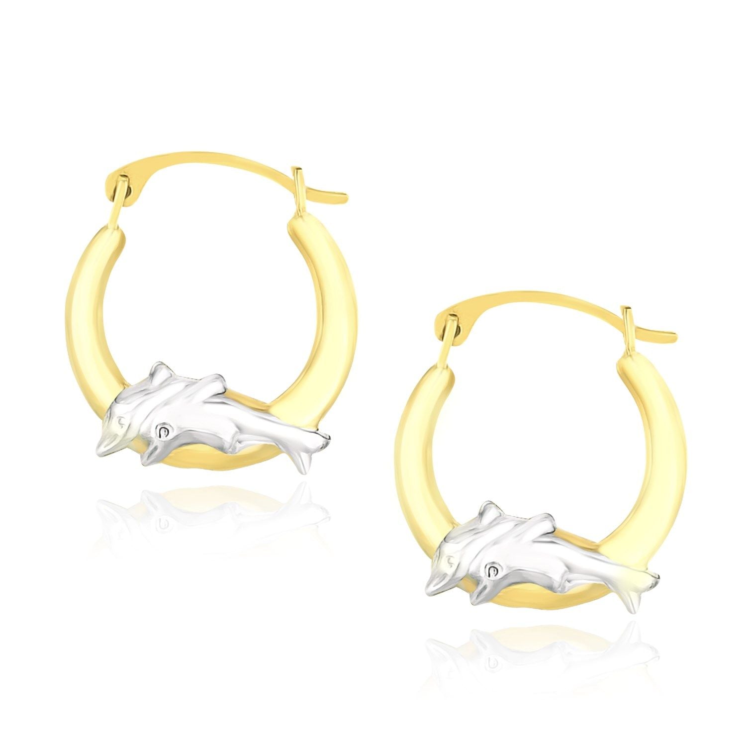 10 Karat zweifarbiges Gold runder, abgestufter Delphin-Design Creolen-Ohrringe