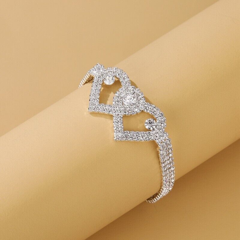 Doppel Herz Fußkettchen Armband Liebe Barfußkette Bling Kristall Fußkettchen US