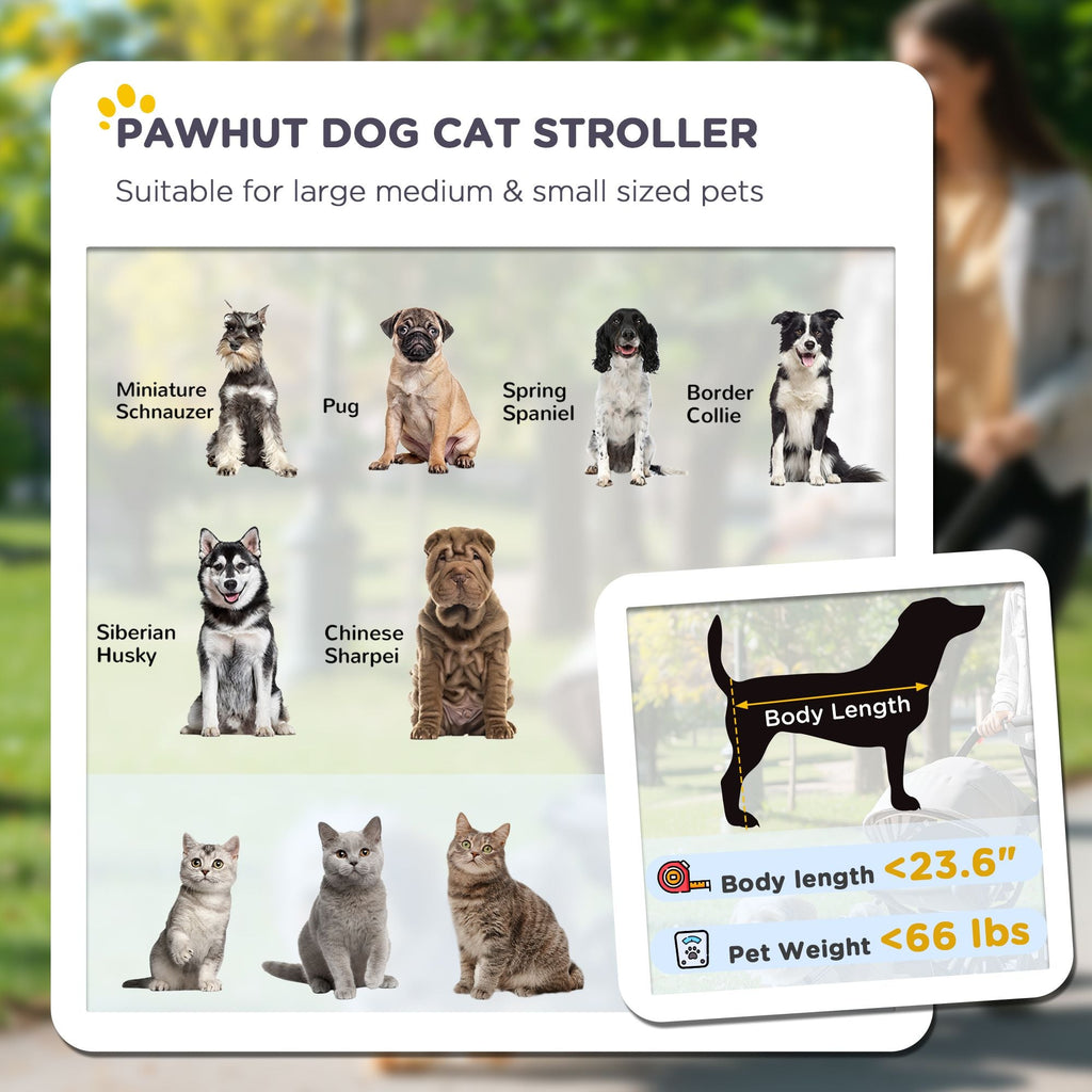 PawHut Haustier-Kinderwagen Hunde Katzen-Buggy mit Ein-Klick-Faltsystem, Universal-Vorderrädern, Stoßdämpfer, Bremsen, Aufbewahrungstaschen, Netzfenster