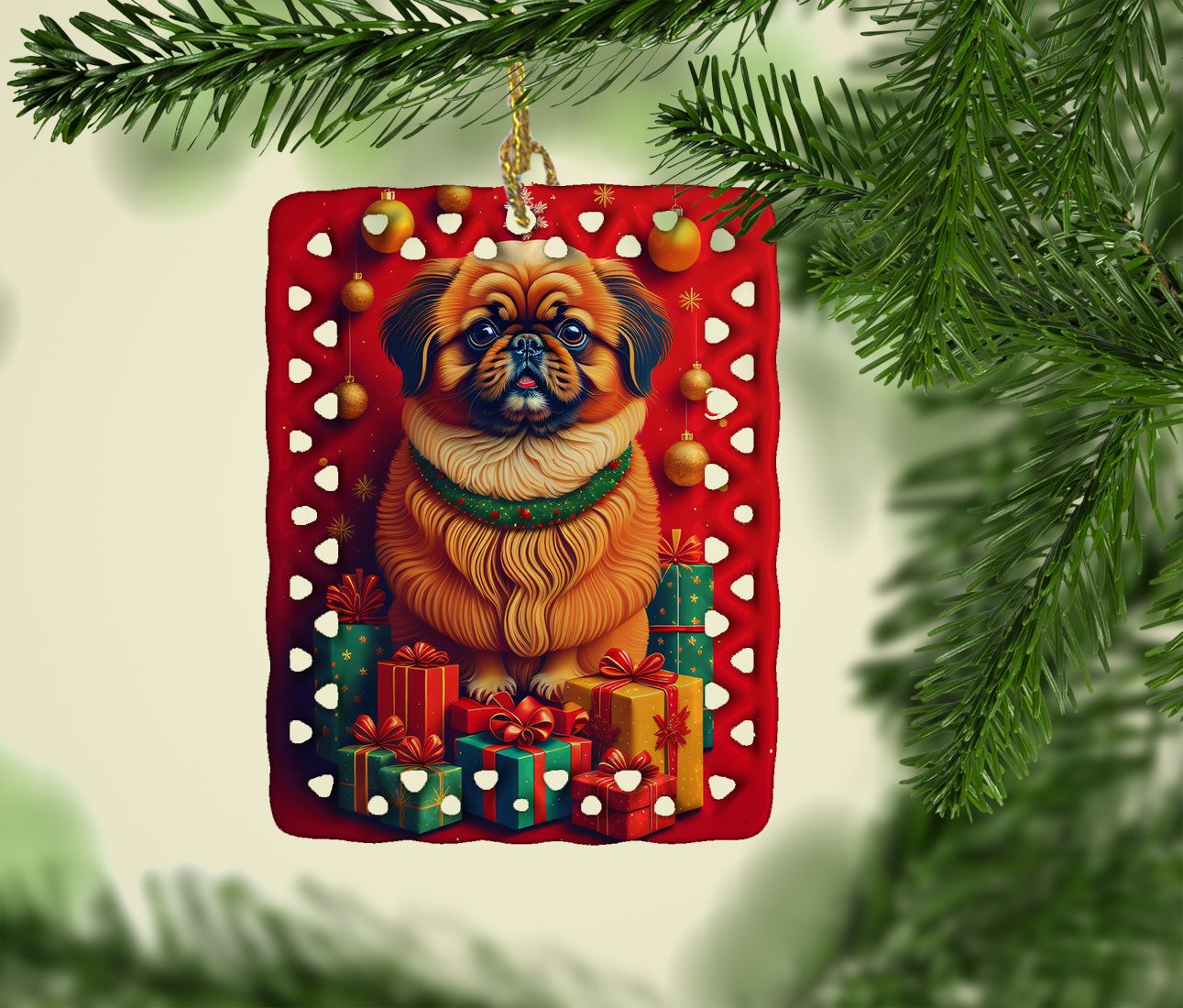 Pekingese Holiday Weihnachtsporzellan Ornament Weihnachtsbaum Hängedekorationen für Zuhause Weihnachtsfeier, Rechteck, Geschenk, Mehrfarbig