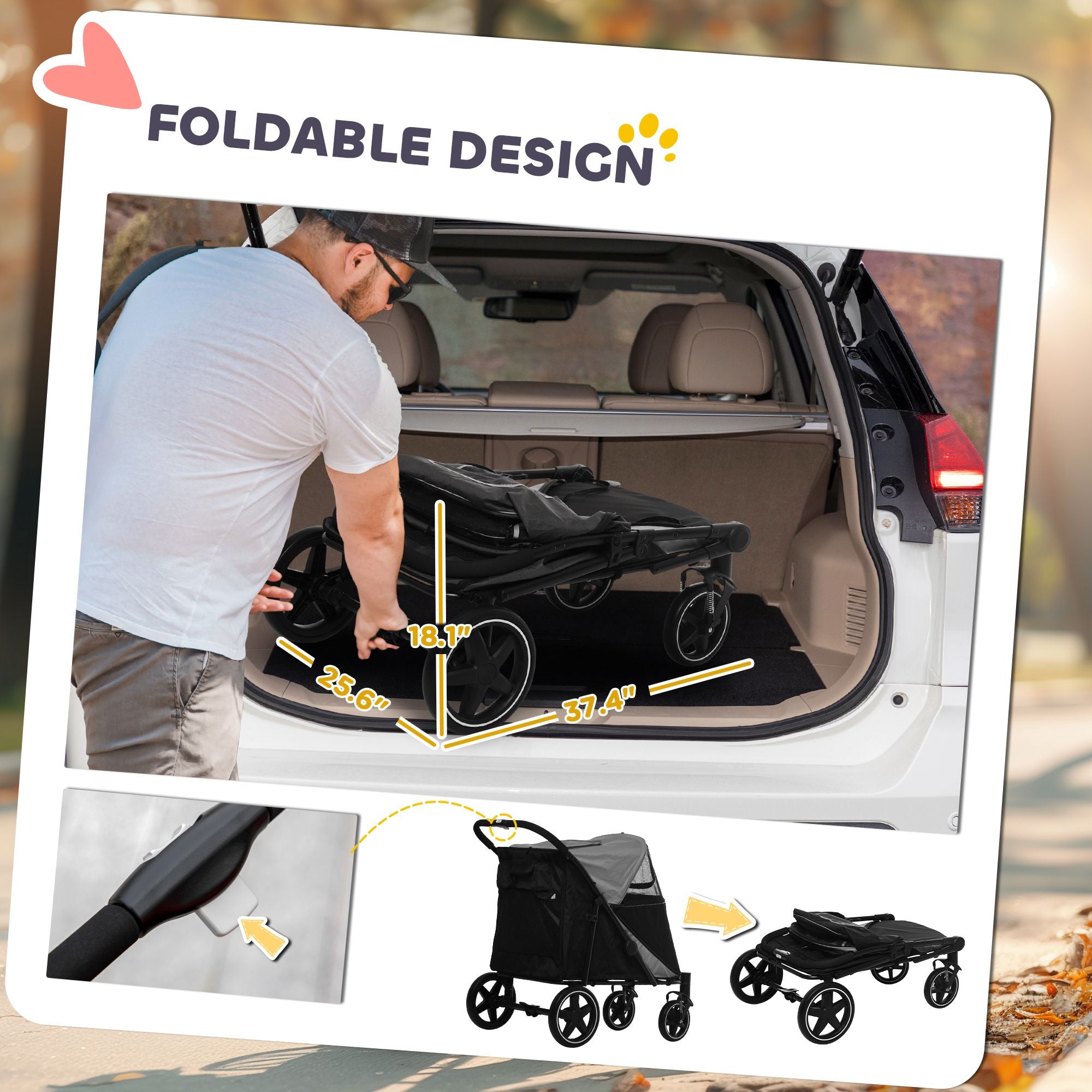 PawHut Haustier-Kinderwagen Hunde Katzen-Buggy mit Ein-Klick-Faltsystem, Universal-Vorderrädern, Stoßdämpfer, Bremsen, Aufbewahrungstaschen, Netzfenster