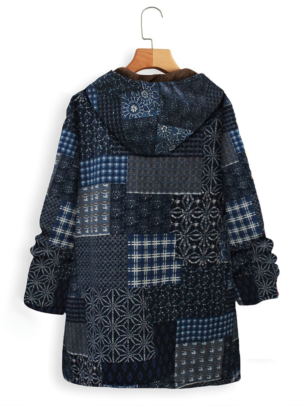 Große Größen Patchwork Print Hoodie mit Fleece-Futter Thermomantel; Damen Plus Langarm Freizeitjacke
