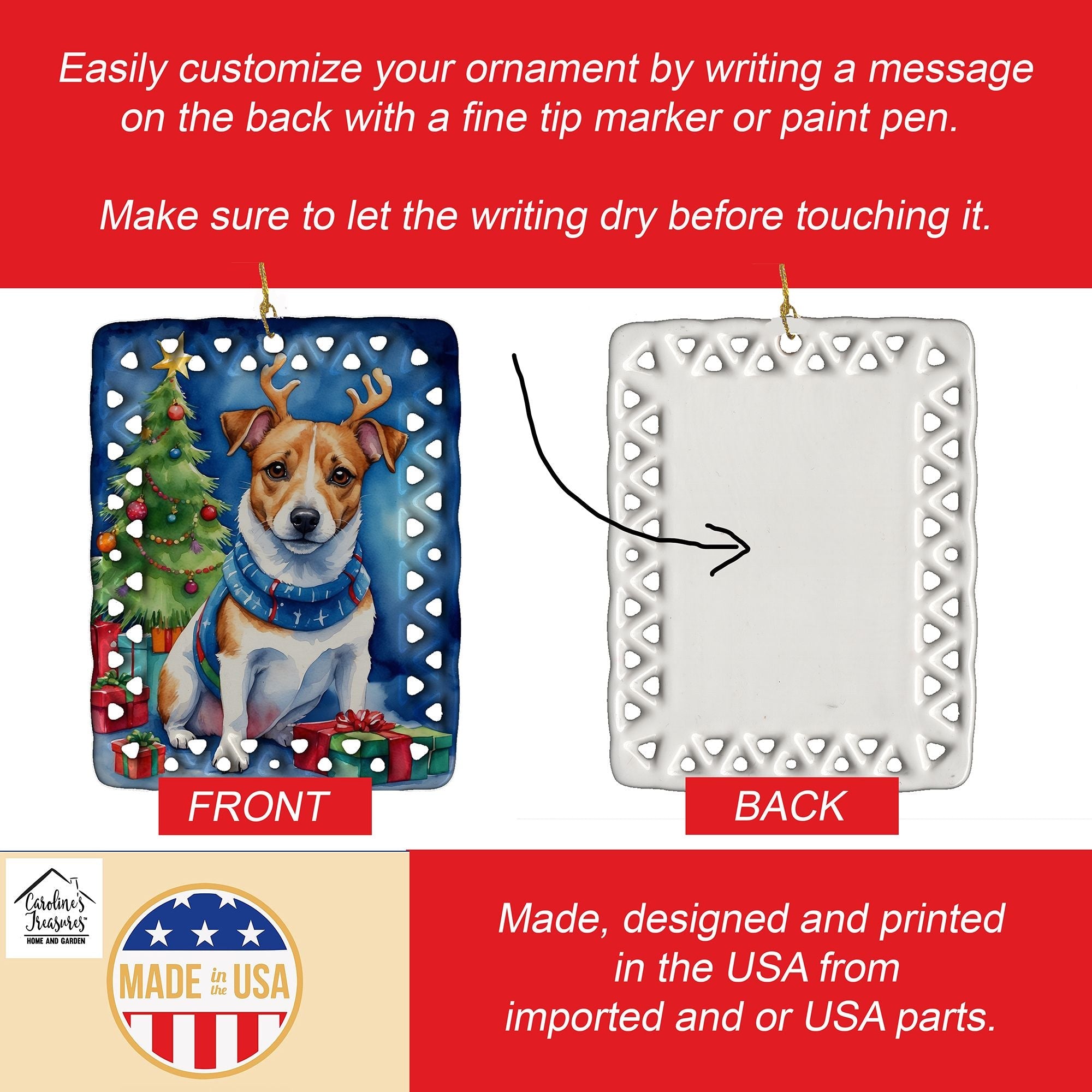 Jack Russell Terrier Weihnachtsrentier Porzellan Ornament Christbaumschmuck zum Aufhängen für Zuhause Weihnachtsferien, Rechteck, Geschenk, Mehrfarbig