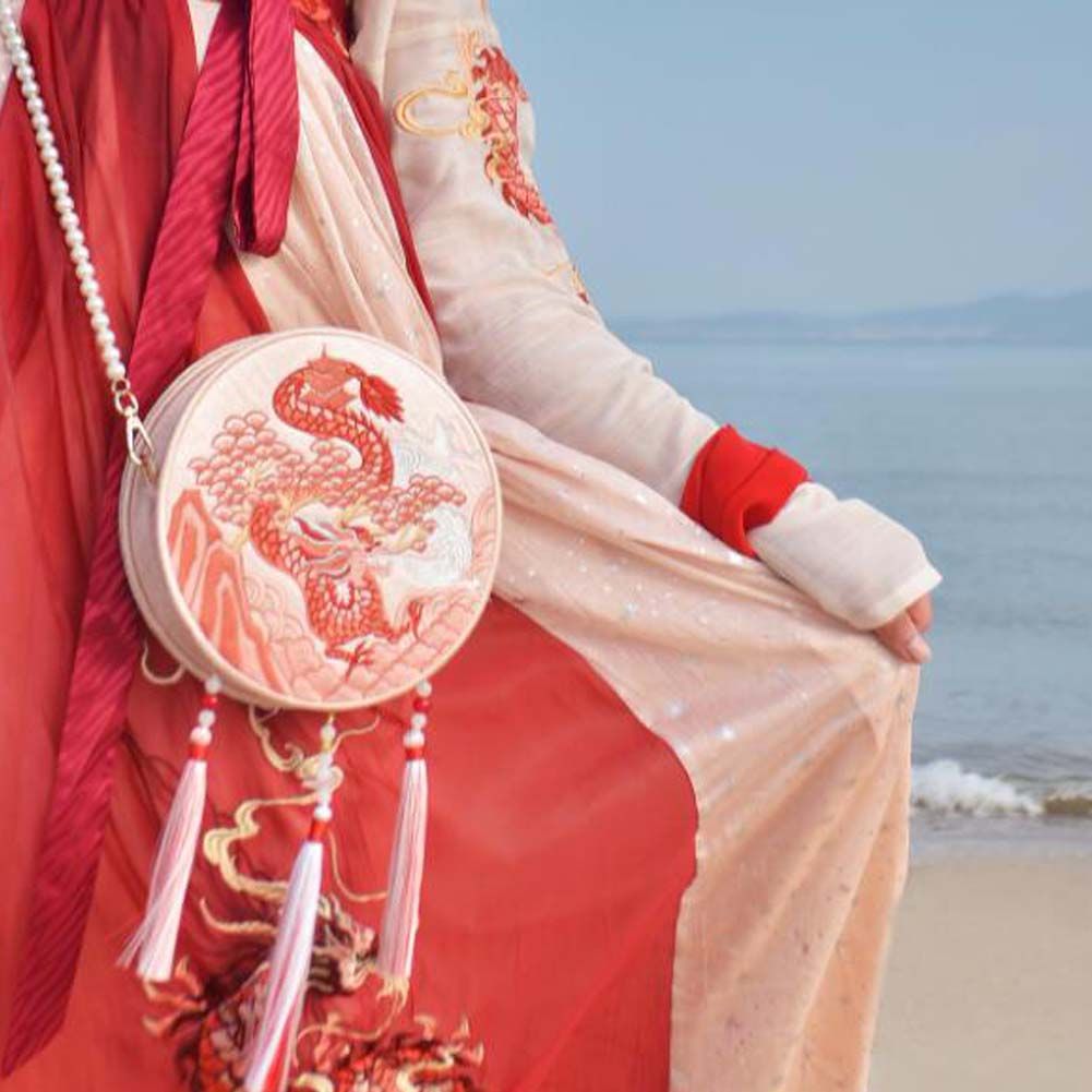 Red Dragon Handmade Hanfu Umhängetasche Chinesischer Stil Zwölf Chinesische Tierkreiszeichen Bestickte Tasche Mini Handytasche