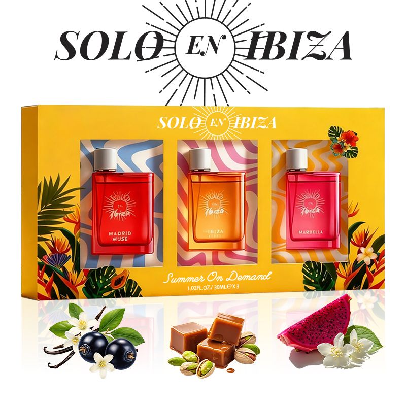 Coffret Cadeau Parfum Femme SOLO EN IBIZA - 3 x Vaporisateurs Eau de Parfum 30 ml - 3 Parfums Longue Durée - Pour les Fêtes, les Rendez-vous, l'Utilisation Quotidienne et les Soirées - Cadeau Idéal pour Femme