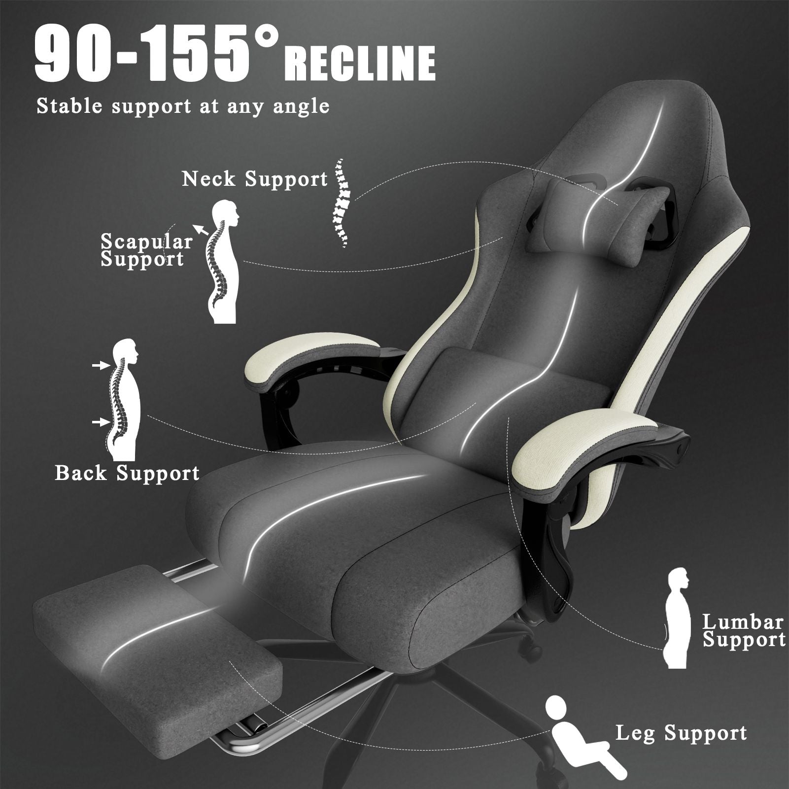 Chaise de jeu ergonomique avec coussin à ressorts ensachés, chaise d'ordinateur en tissu respirant avec repose-pieds, chaise de jeu vidéo avec soutien lombaire réglable pour adultes (Tissu)