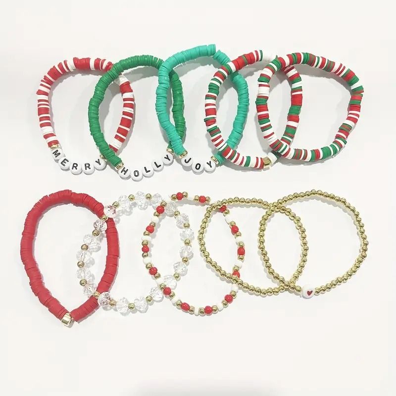 10er-Pack Weihnachtsarmband-Set – festliche Heishi-Stretcharmbänder aus Polymerton mit fröhlichen Botschaften | Schmuckgeschenk aus Kunststoffperlen für Frauen | saisonale Partyaccessoires