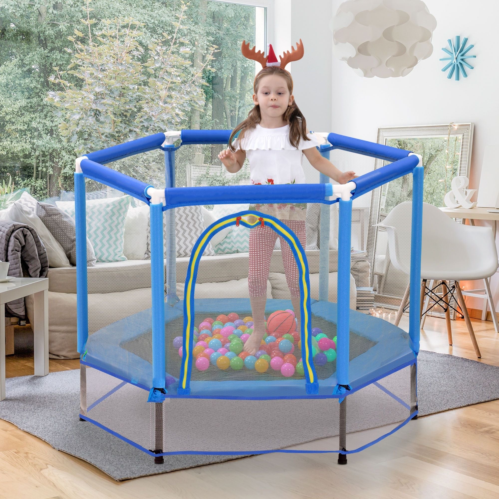 55'' Kleinkinder Trampolin mit Sicherheitsnetz und Bällen, Indoor Outdoor Mini Trampolin für Kinder