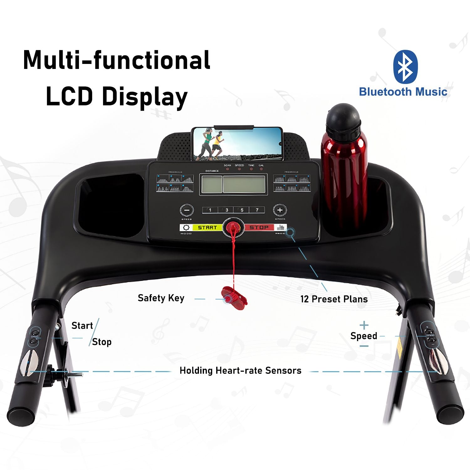 Faltbares Laufband mit Steigung, 2,5 PS, 12 km/h, elektrisches Laufband für zu Hause, klappbar, Bluetooth-Musik, Getränkehalter, Herzfrequenzsensor, Walking-Laufmaschine für Indoor-Heimtraining, Fitness