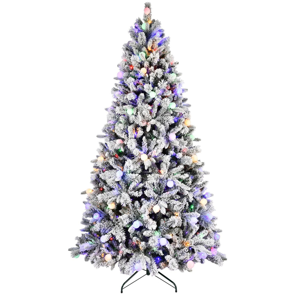 7.5FT Prelit Artificial Flocked Christmas Tree with 400 Multi-Color LED Lights, Full Hinged Pine Xmas Tree with 1523 PE & PVC Mixed Branch Tips, Metal Stand and Hinged Branches, 10 Colors
