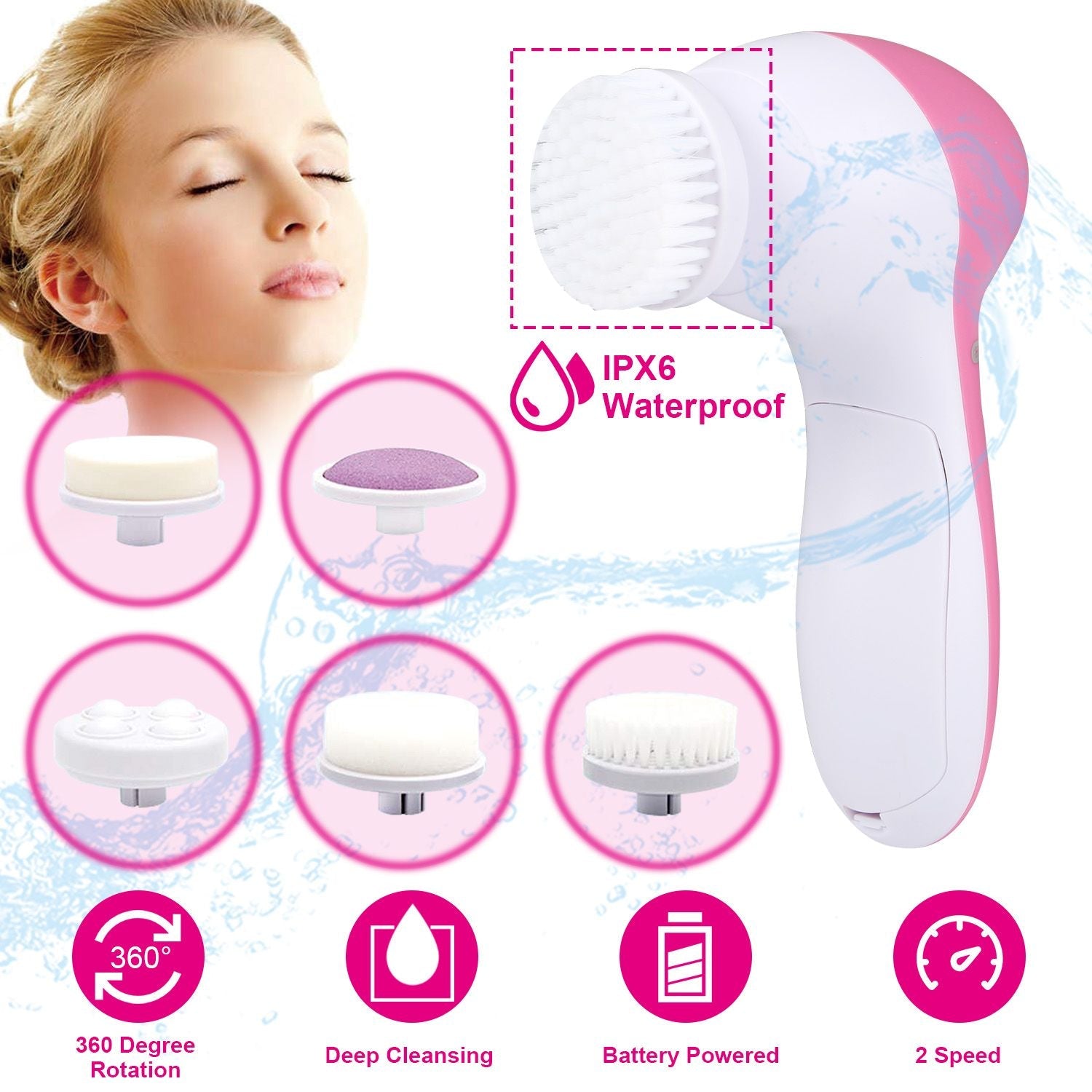 Brosse nettoyante visage électrique étanche avec 5 têtes de brosse pour femmes