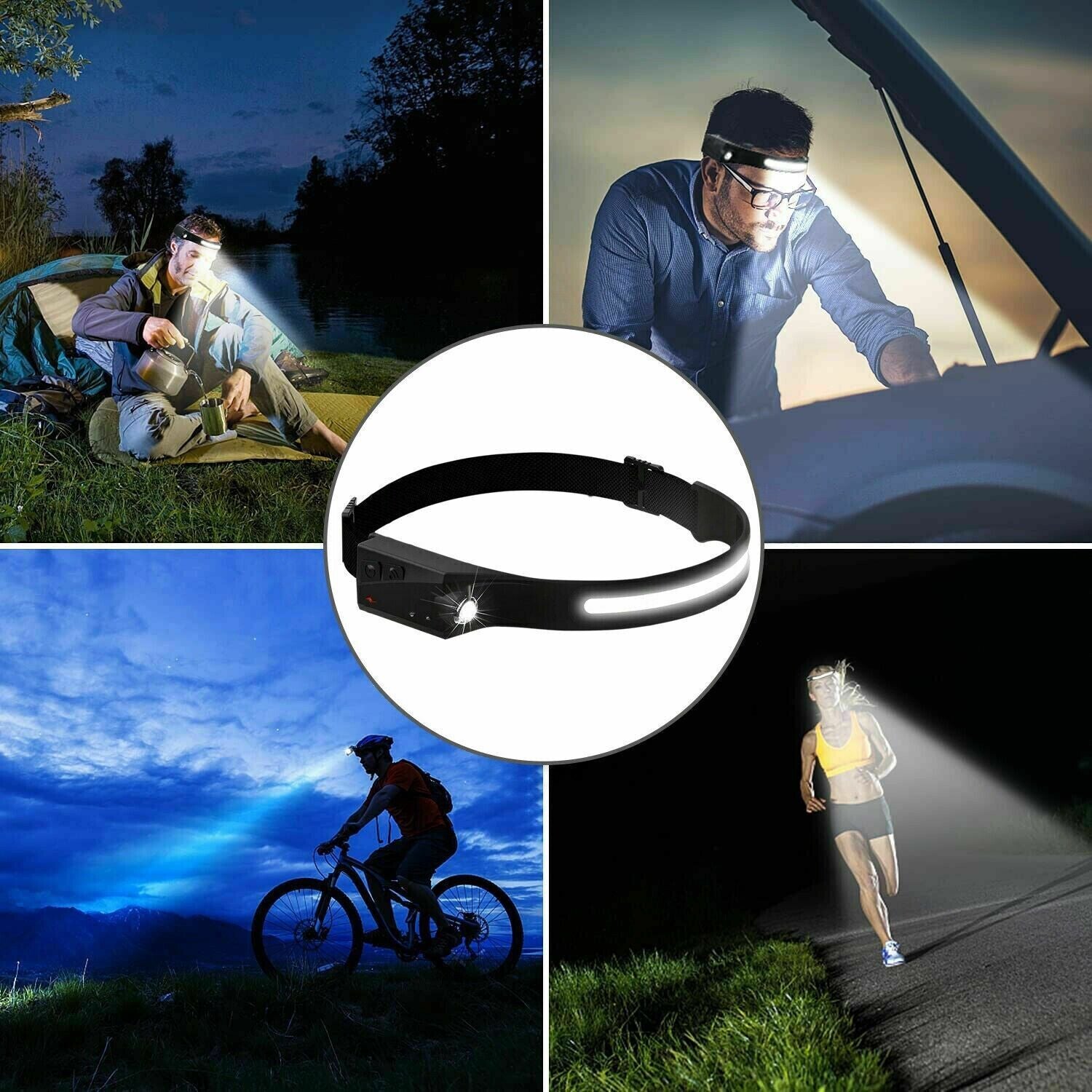 COB LED Stirnlampe USB Wiederaufladbare Kopflampe Arbeitsleuchte Stirnband Lampe