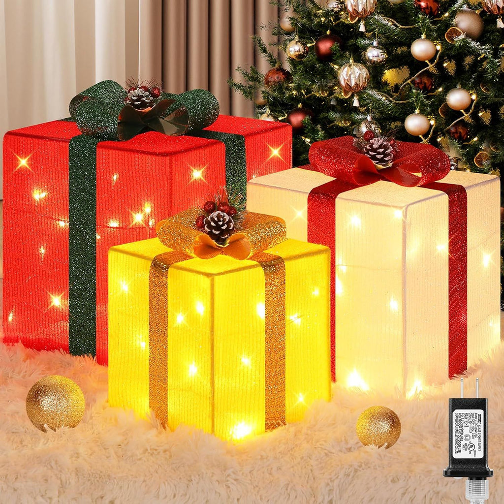 3 grandes boîtes cadeaux pour décorations de Noël extérieures, 25,4 cm, 20,3 cm, 15,2 cm avec mini guirlandes lumineuses de 70 LED pré-éclairées, boîtes cadeaux lumineuses avec paillettes pour Noël, mariage, fête
