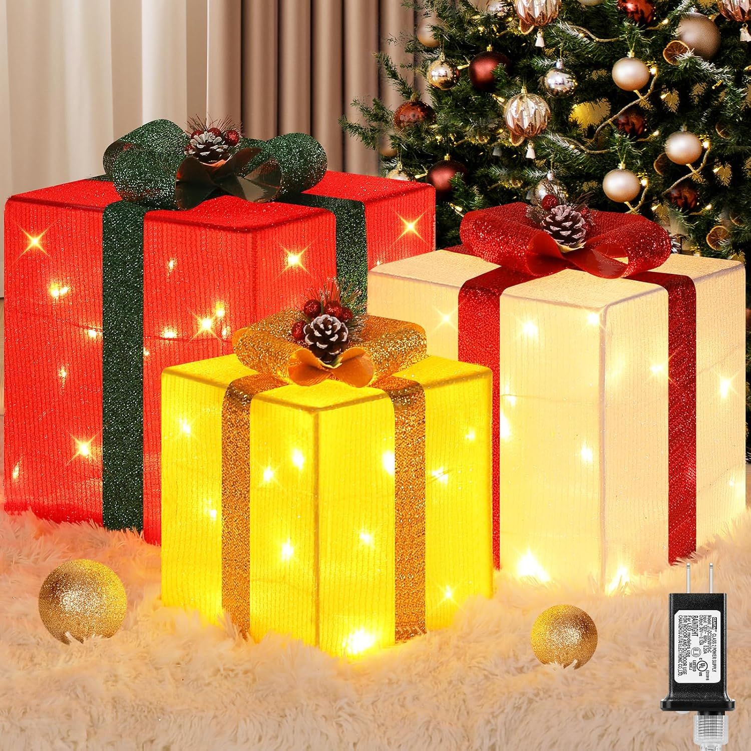 3 grandes boîtes cadeaux pour décorations de Noël extérieures, 25,4 cm, 20,3 cm, 15,2 cm avec mini guirlandes lumineuses de 70 LED pré-éclairées, boîtes cadeaux lumineuses avec paillettes pour Noël, mariage, fête