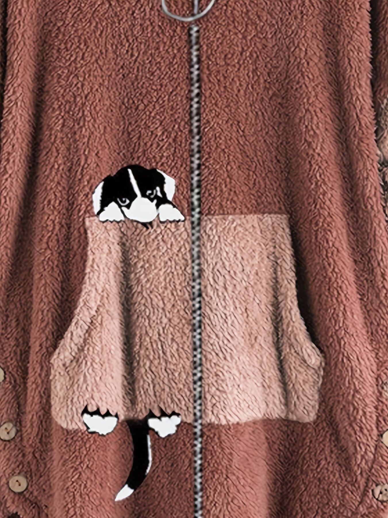 Große Größen Cartoon Welpendruck Colorblock Hoodie mit Reißverschluss, flauschiger Mantel; Damen Plus Size leichter Stretch Freizeit-Mantel